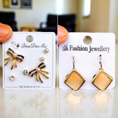 TREASUREFASHION Bali Ribbon Combo Cubic Zirconia, Pearl Brass Hoop Earring, Earring Set, Huggie Earring, Stud Earring