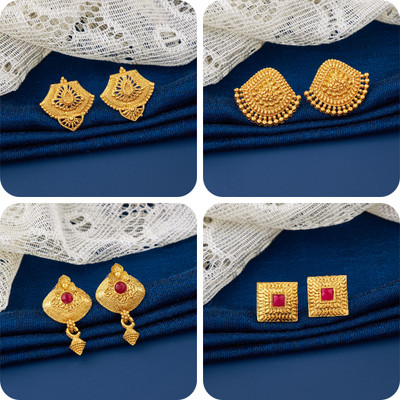 LaChoiceIt Pack of 4 Pair Traditional Gold Pleted Earring Collection Brass Earring Set