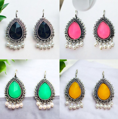 jhumkhas Trendy Oxidized Silver Teardrop Earrings 4 in 1 Combo Pack for Women & Girls Pearl Alloy Drops & Danglers