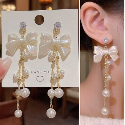 Saubhaga Collection Korean Earrings with Pearls long chain Bone Hoop Earring