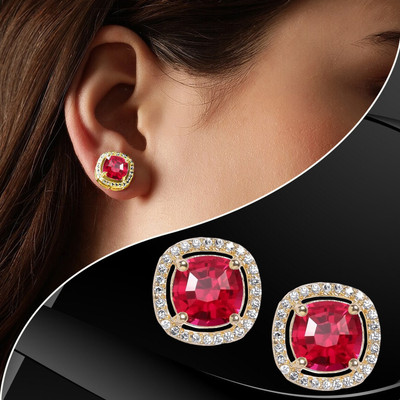 THANU'S CRAFT Elegant Gold Plated Ruby Pink Cubic Zirconia Square Stud Piercing Earrings Cubic Zirconia Metal Stud Earring