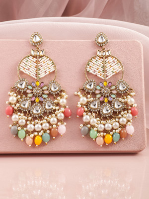 RUBANS Rubans 18K Mehandi Gold-Plated Multicolor Beaded & Kundan Long Chandlier Brass Chandbali Earring