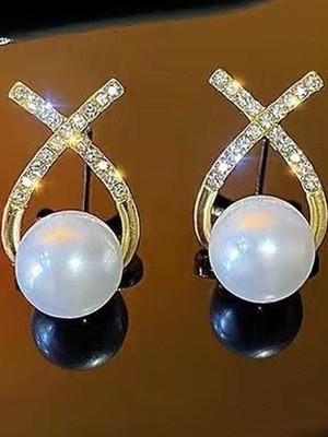 Dressberry Korean Studded Cross Big White Pearl Drop Earrings For Women/Girls Cubic Zirconia Alloy Stud Earring