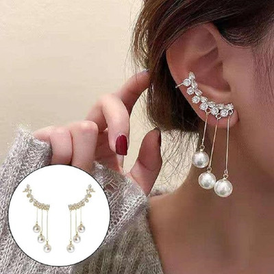 Vimich Zircon Ear Cuff With Pearl Tassel Korean Earrings 2Pcs/Set Pearl Alloy Cuff Earring