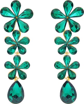 FRESH VIBES Dark Green Crystal Stone Long Party Wear Western Earrings Crystal Crystal, Metal Drops & Danglers