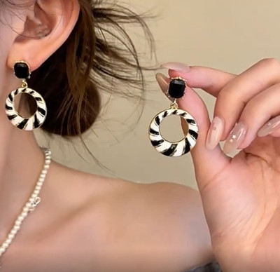 AKISON JEWELS Korean Earrings For Women Girls Trendy Black White striped Crystal Alloy Earring Set, Drops & Danglers