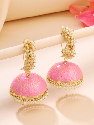 YELLOW CHIMES Meenakari Mothi Hoop Jhumki Earrings Set | Pink Big Hoops Jhumkas for Women Pearl Alloy Jhumki Earring