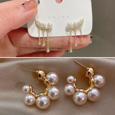 estailo fashion Celestial Dazzle Pearl Hoops Earrings Alloy Earring Set