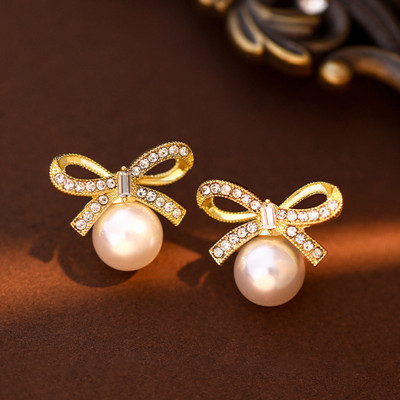 MEENAZ Bow Earrings for women korean earing girl Moti Ear Ring stylish Western studs Pearl, Cubic Zirconia, Diamond Gold, Alloy, Mother of Pearl, Stone Earring Set, Stud Earring