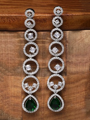 ZENEME Silver Tone Green & White American Diamond studded Circular Shaped Drop Earrings Cubic Zirconia Brass Drops & Danglers