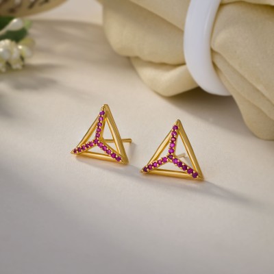 SORELLII Pair of Golden Earrings with Red Diamonds Cubic Zirconia German Silver Stud Earring