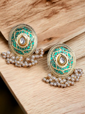 ANOUK Green Meenakari Stud Earrings - Kundan & Pearls Studded in Oval Shape Beads, Crystal Alloy Stud Earring