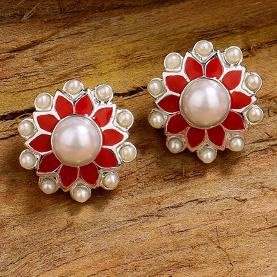 Estele Rhodium Plated Pearl Alloy Stud Earring