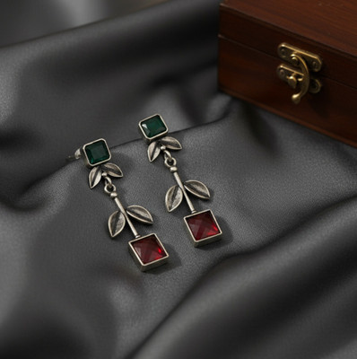S D Creations Oxidised Silver Earrings with Green, Maroon Stones, Silver-Toned Leaf Design Brass Drops & Danglers