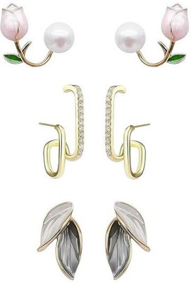 VIDIMO Elegant Pearl Flower, Dual Hoop & Leaf Design Combo Earrings Set for Women Cubic Zirconia Brass, Alloy, Crystal Earring Set, Stud Earring, Huggie Earring