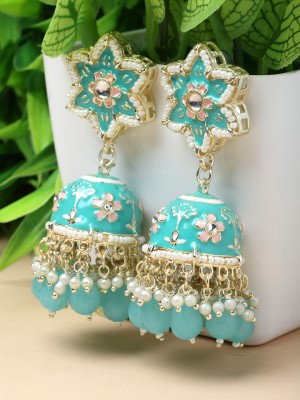 ZENEME Blue & White Kundan-Pearls studded Star Shaped Enamelled Jhumka Earrings Pearl Metal Jhumki Earring