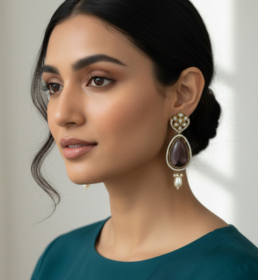 SwetRatna Traditional Kundan Pearl Drop Earrings for Women Gold-Plated Quartz Brass Earring Set