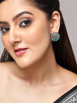RUBANS Silver Toned Light Blue and Yellow Stone Floral Studs Crystal Alloy Stud Earring