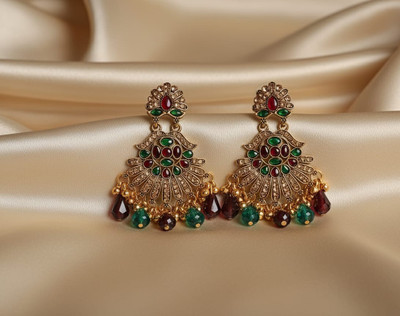 DEESHINE Royal Peacock Antique Gold Chandbali Earrings. Beads, Pearl Brass Chandbali Earring