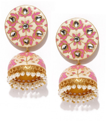 RUBANS Off-White & Pink Enamel Kundan Jhumkas with Pearls Alloy Jhumki Earring