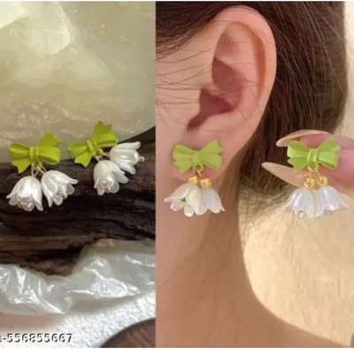 RISHASTYLE Flower motive green and white combination korean stylish earrings combo of Two Zircon Alloy Stud Earring, Drops & Danglers