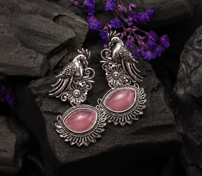YOGINI JEWELS Royal Peacock Stone Earrings Moonstone Brass Stud Earring