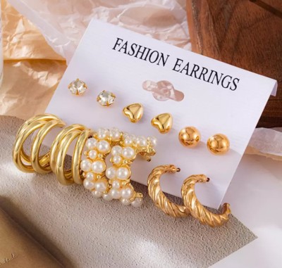AKISON JEWELS Triple Hoop Twisted studs earrings combo Pearl Korean Earrings for Women Girls Cubic Zirconia, Crystal, Pearl, Diamond Alloy Stud Earring, Earring Set, Hoop Earring