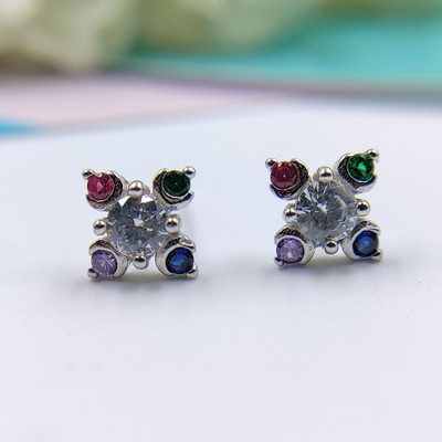 AMONROO Earring Rainbow Flower Stud Stylish Colorfull CZ Little Floral Studs Minimalist Cubic Zirconia Sterling Silver Stud Earring