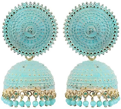 JMBW INTERNATIONAL Floral Golden Royal Blue Jhumkas Beads Alloy Jhumki Earring