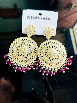 Hengarr Traders Tikka_with_earring_pink-6 Cubic Zirconia Brass Earring Set