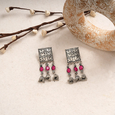 Sanseeta Divyani- Silver Brass Oxidised Dangker Earrings Zircon Brass Drops & Danglers