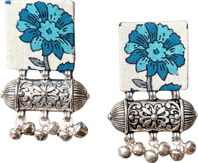 Qrivoc IndiChic Cotton Silver Earrings Flower Design||Handmade Fabric Earring Fabric Stud Earring