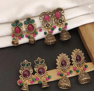Vigilantee Jewels Antique Temple Jhumki combo set of 4 traditional gold plated alloy minimal Cubic Zirconia, Pearl, Beads Alloy Chandbali Earring, Drops & Danglers, Earring Set, Jhumki Earring, Plug Earring