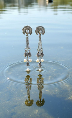 desi drapes Peacock Design Silver Plated Long Chain Jhumka Earringswith Pearl Beads forWomen Pearl Alloy Jhumki Earring