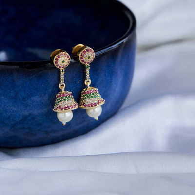 Opal Touch Regal Pearl Drop Golden Jhumkas Gold Earring Set