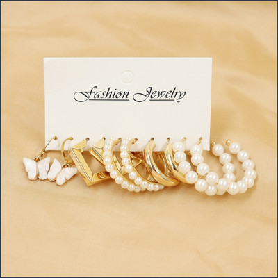 TheVineGirl Gold Plated Butterfly & Pearl Décor Charm Small Hoops Earrings Set For Women Pearl Alloy Hoop Earring