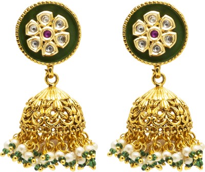 Shining Jewel Gold Plated Designer Traditional Ethnic Meenakari Kundan Cluster Pearl Cubic Zirconia Brass Jhumki Earring