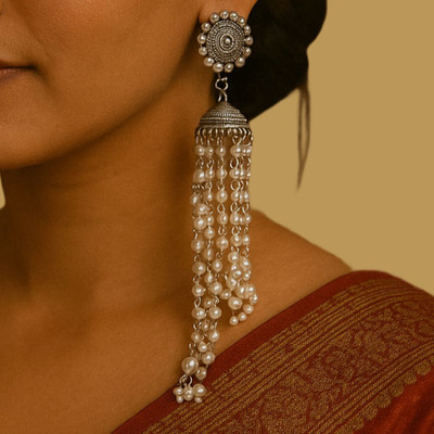 UnfoldSelf Silver Plated Long Pearl Earrings Alloy Drops & Danglers