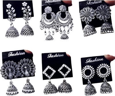 Janki Creation - SET OF 6 Earrings Silver Oxidised Jhumki Crystal, Beads Alloy Drops & Danglers, Earring Set, Stud Earring, Jhumki Earring