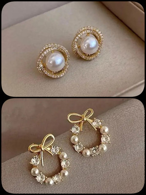 Devisha Trinkets korean western combo set workwear earrings for girls Cubic Zirconia, Pearl Alloy, Brass Earring Set, Plug Earring, Drops & Danglers, Stud Earring