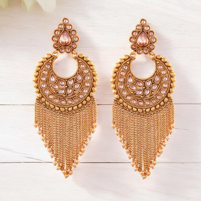 ANOUK Gold Plated Ethnic Rhinestone Studded ChandBali with chain Earrings For women Brass Jhumki Earring
