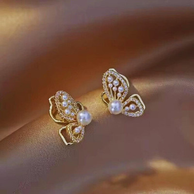 JRISSY Korean Golden Butterfly Pearl Studs for Girls Cubic Zirconia Alloy Stud Earring