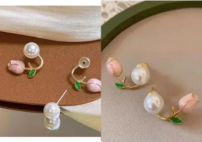 RISHASTYLE Flower motive and gold plated with pearl earrings combo of Two Zircon Alloy Stud Earring