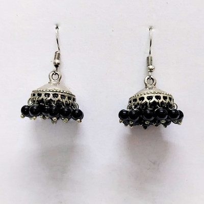 Ally Crafts Traditional Jhumka Earrings |Sterling Silver-Toned Dome Shape with Black Beads Pearl Alloy Jhumki Earring, Drops & Danglers