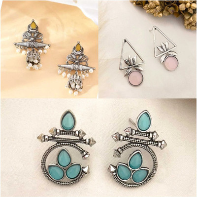 DANGAR ENTERPRISE Silver Oxidised Ethnic Stone for Women Alloy Stud Earring