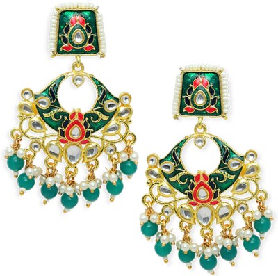 Oomph Green Meenakari Chandbali Earrings - Kundan & Pearls Studded Beads, Crystal Alloy Drops & Danglers