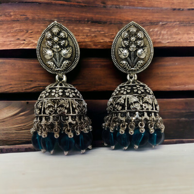 Opal Touch Exquisite Oxidized Jhumkas with delicate Hanging Moti Cubic Zirconia Brass Jhumki Earring