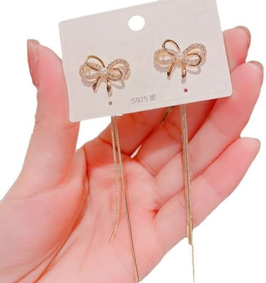 Onuyx Korean Graceful Bow Design Long Chain Earrings Zircon Alloy Stud Earring