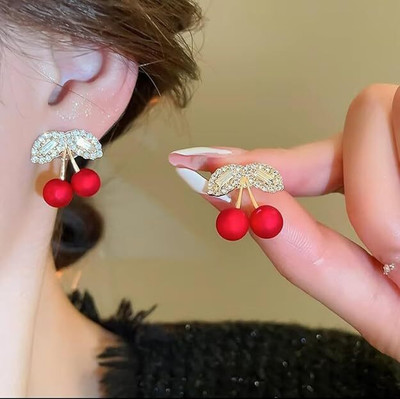LBTK Korean And Western Red Cherry Small Stud Earrings For Woman And Girls, Cubic Zirconia Alloy Stud Earring, Drops & Danglers