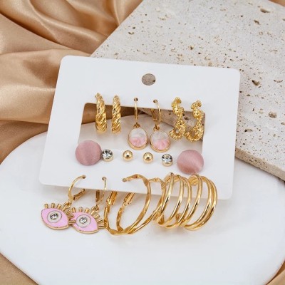 HOUSEOFTRENDZZ Sweet Pink Evil Eye Oval Drop Gold Plated Round Hoop Earrings For Women & girls Zircon Acrylic, Alloy Drops & Danglers, Hoop Earring, Stud Earring